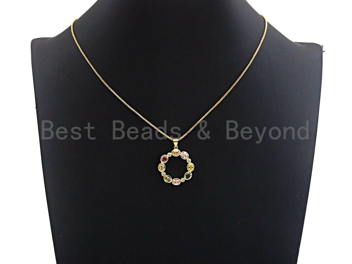 CZ Colorful Micro Pave Hollow out Round with Baguette CZ Pendant, Ring Shaped Pave Pendant, Gold plated, 24x27mm, Sku#F953