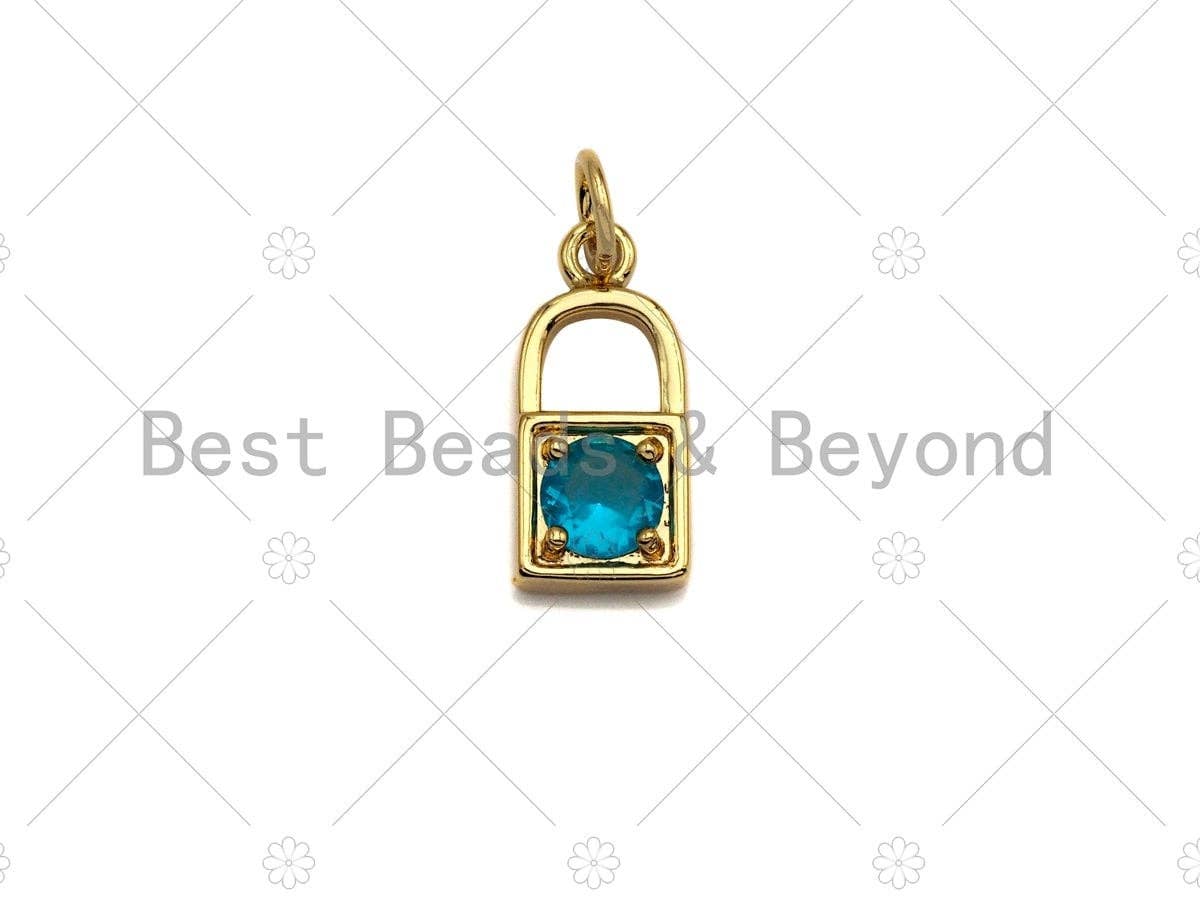 18k Shiny Gold Colorful Gem Pave PadLock Pendant, Gold Red Green Blue Pink Purple Lock Pave Pendant, 7x16mm, Sku#LK26