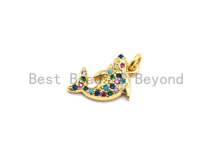 CZ Colorful Micro Pave Shark Pendant, Shark  Shaped Pave Pendant, Gold plated, 10x15mm, Sku#F728