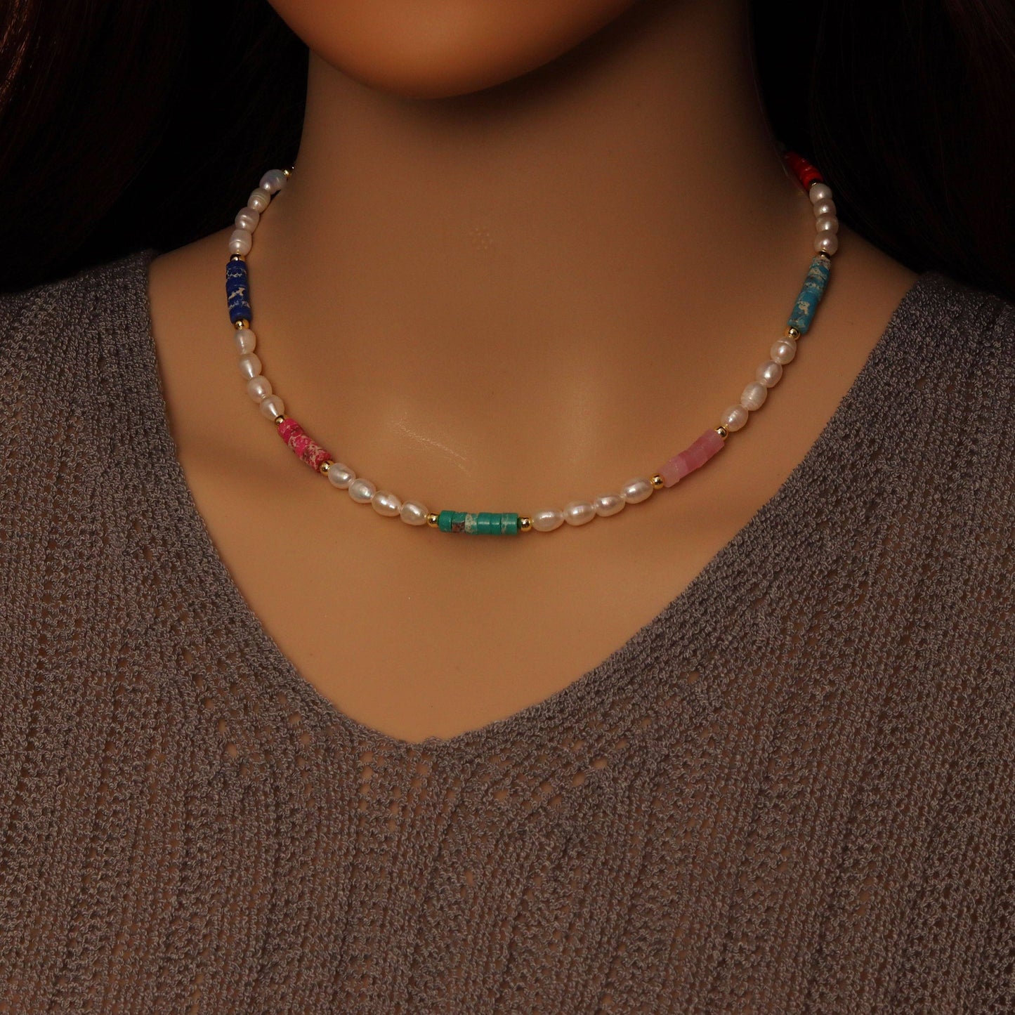 Colorful Gemstone with Freshwater pearl necklace, sku#EF555