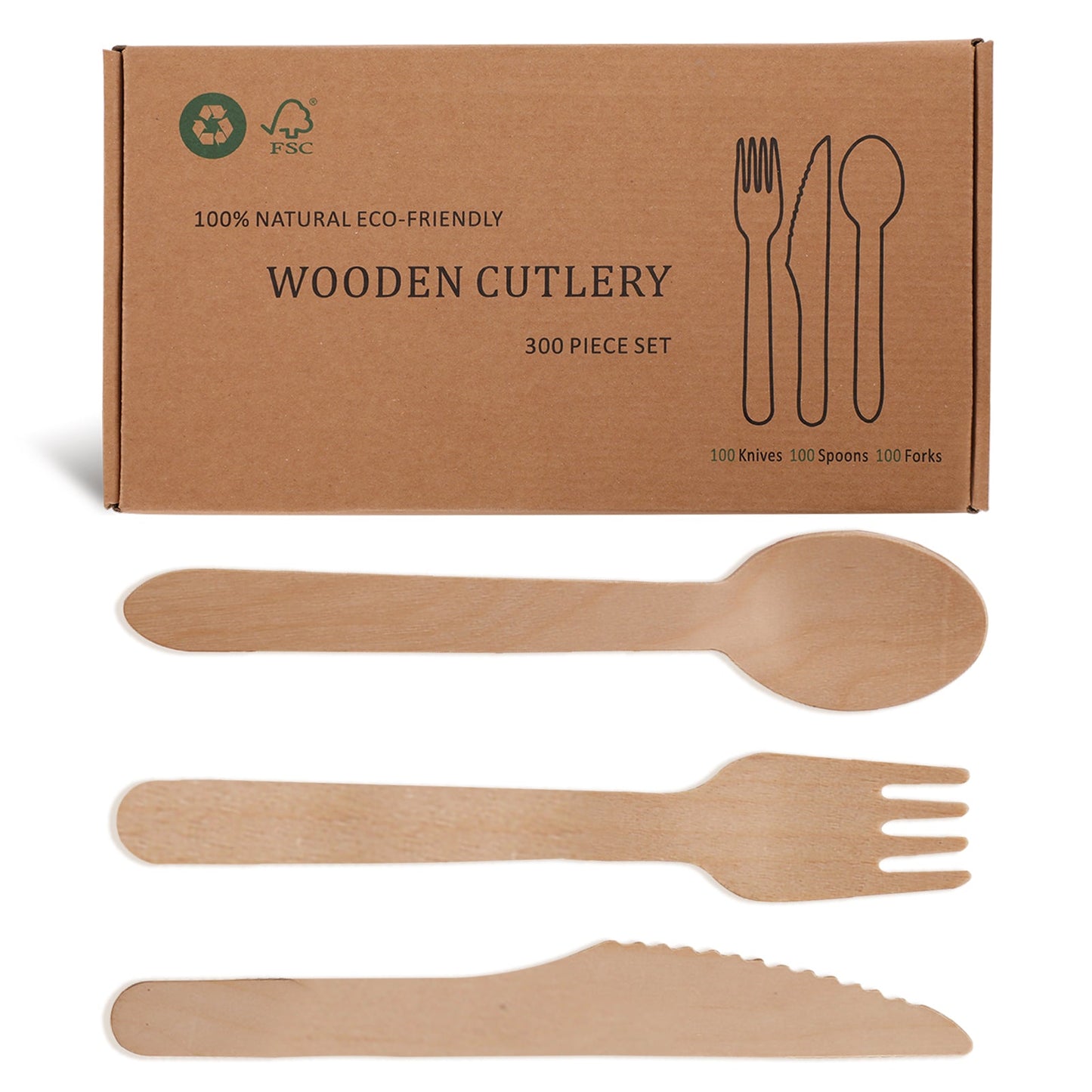 Wooden Compostable Utensils Set - 300 Pieces