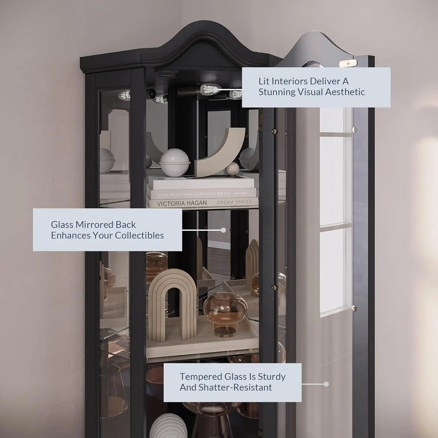 Lighted 3-Side Glass Display Curio Cabinet w/Tempered Glass Doors and Shelves, Curved Wood Corner Cabinet with Bulb, Corner S