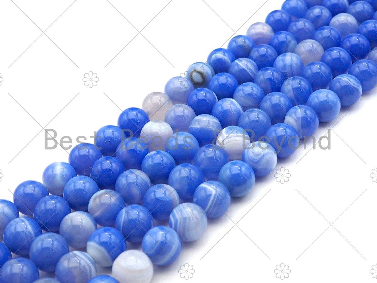 High Quality Light Blue Banded Agate Smooth, Round 8mm/10mm/12mm/14mm, Natural Light Blue Agate Beads, 15.5"Full Strand, sku#UA196