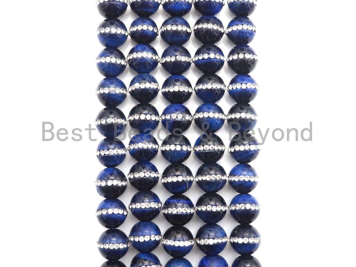 High Quality Blue Tiger Eye with rhinestone inlaid, 6mm/8mm/10mm/12mm/14mm, Tiger eye Beads, 15.5inch Full strand, SKU#V48