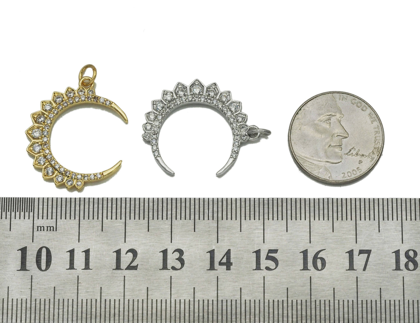 Gold Silver CZ Cresent Moon Charm, Sku#B209