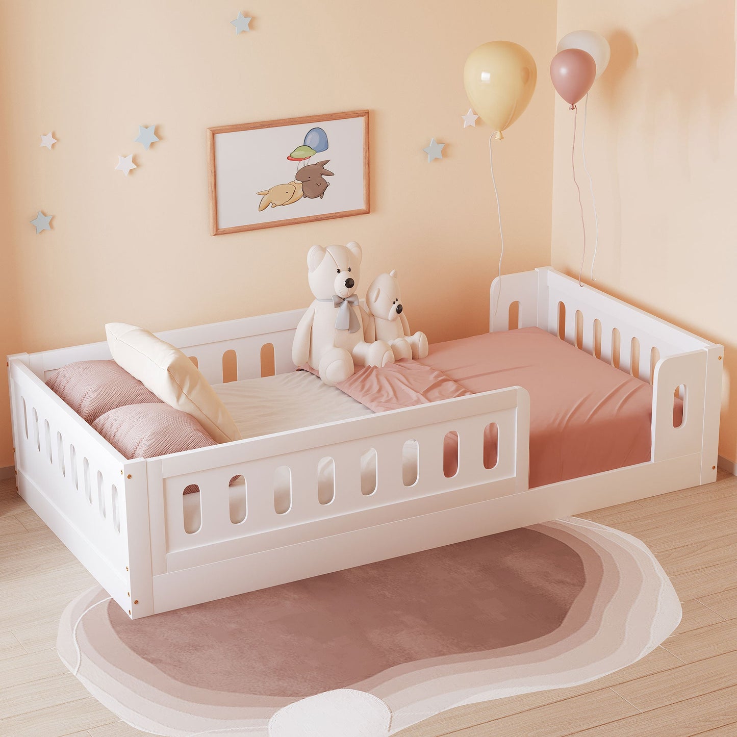 Wood Twin Size Platform Bed with Guardrail
