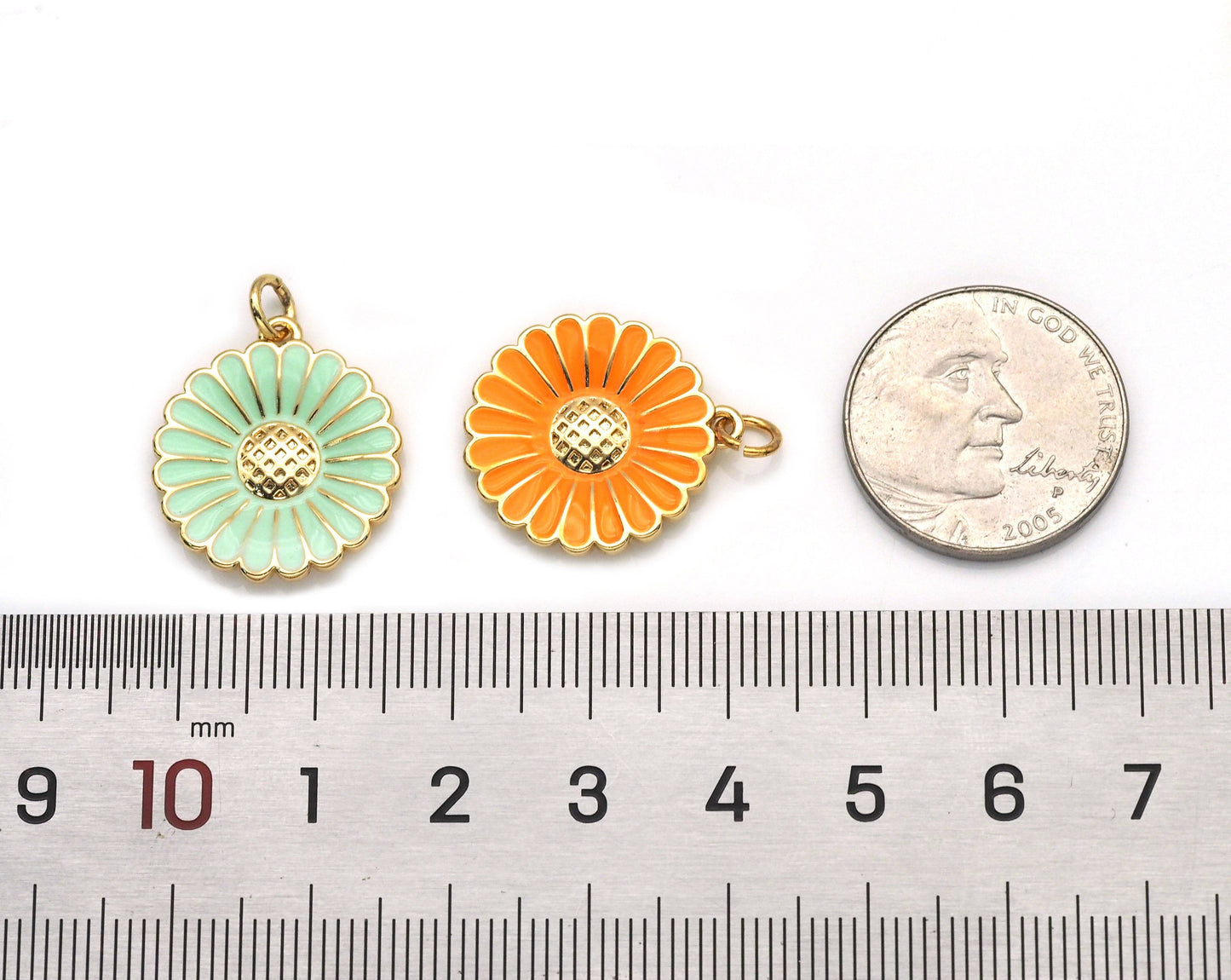 Colorful Enamel CZ Gold Daisy Flower Charm, Sku#F1514C