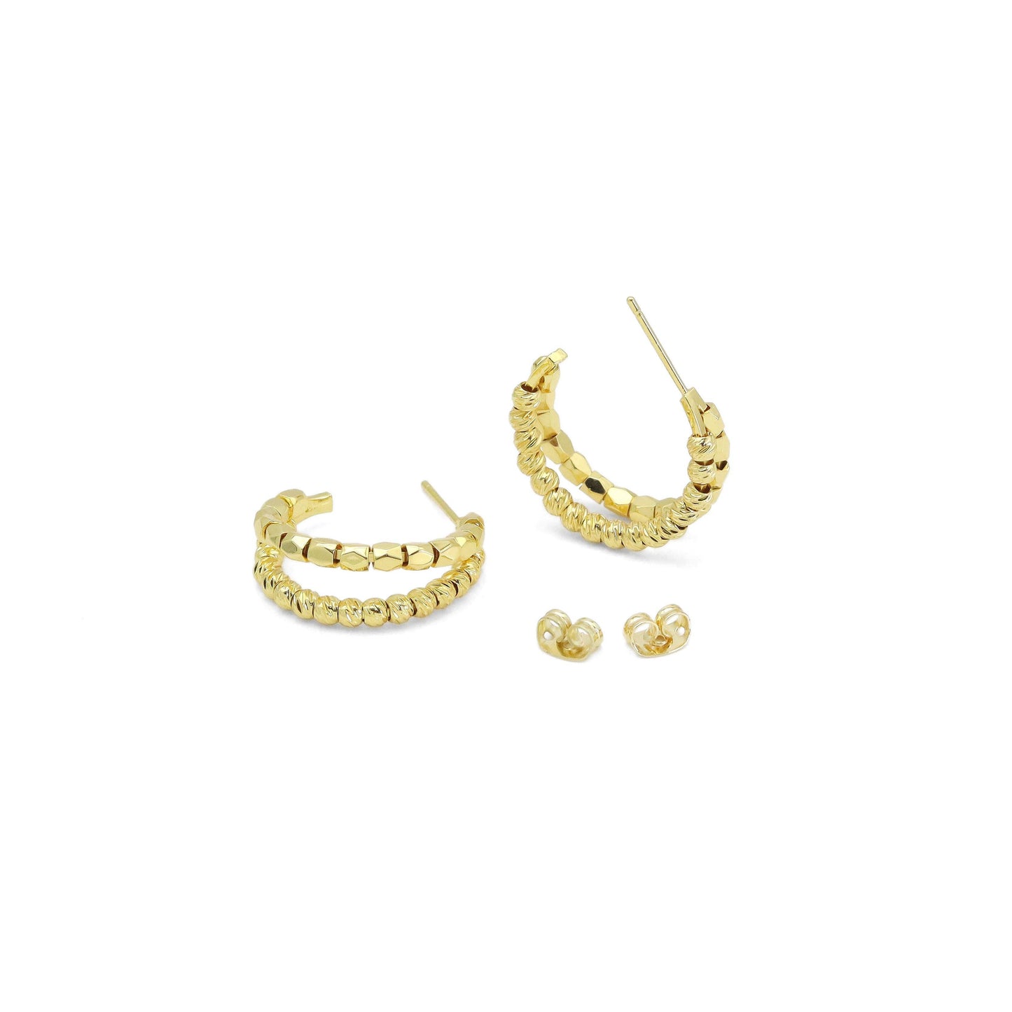 Gold Round Ball Tube Double Line Geometry Hoop Earrings, Sku#LX475