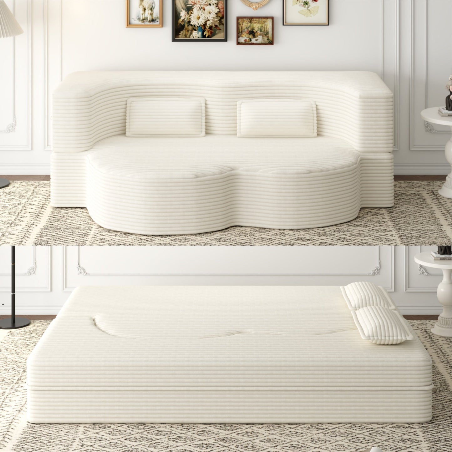 Modern Floor Sofa with 2 Pillows - Convertible Plush Sofa Bed