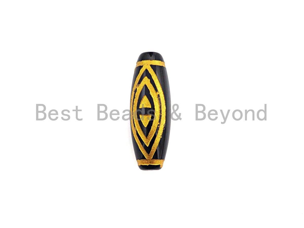 Natural Tibetan Agate Long Oval Shape Beads, Black Gold Dzi beads, Barrel Agate Beads, 10x30mm, sku#U587