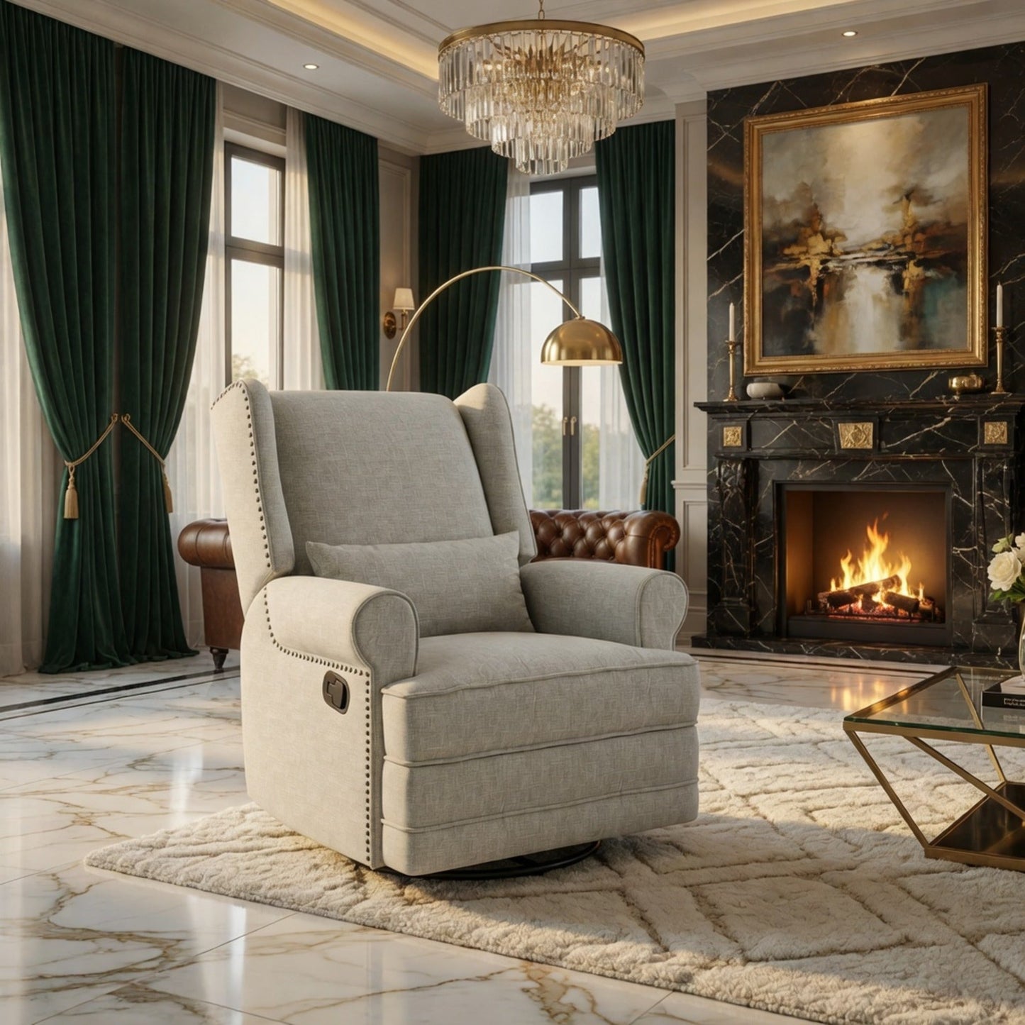 34.25" Extra Wide Off-White Swivel Recliner Glider Chair