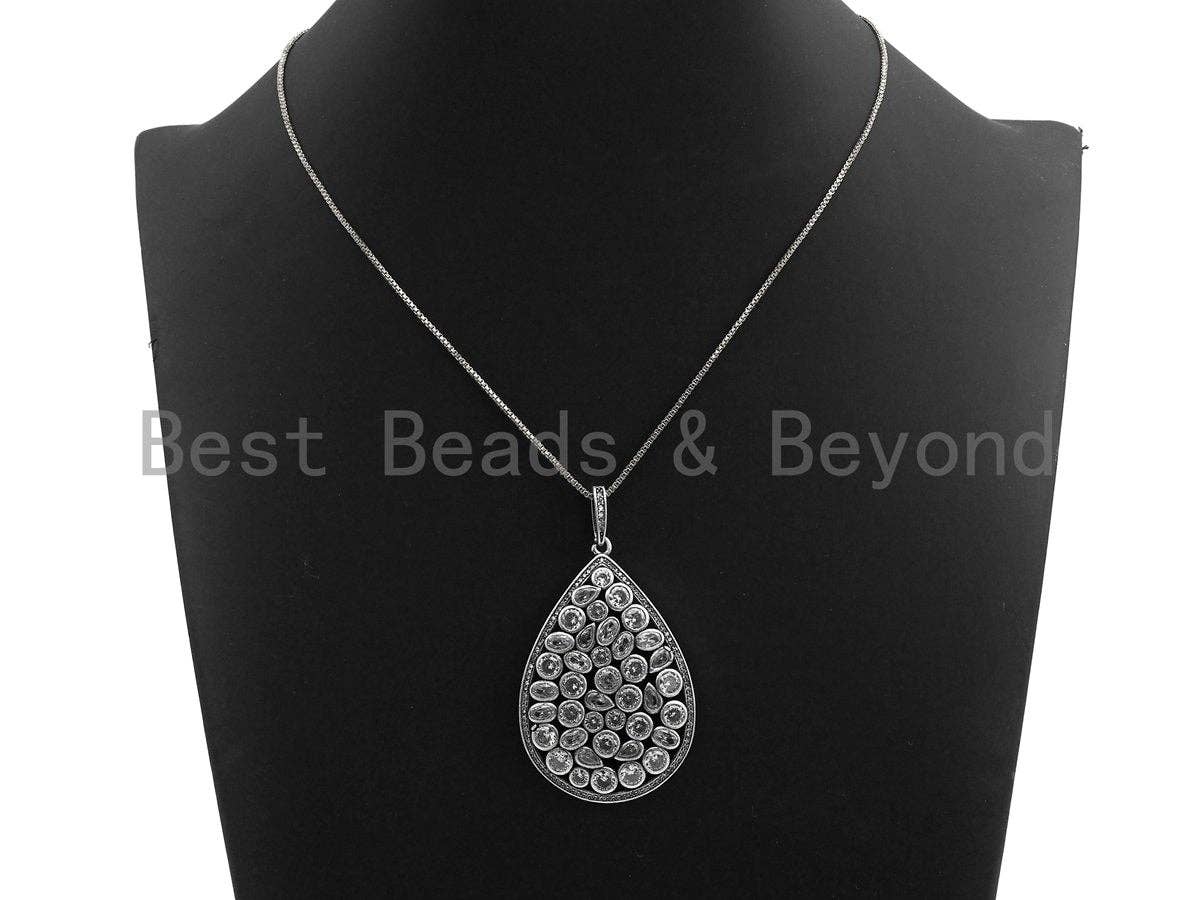 CZ Micro Pave Teardrop Pendant, Antique Silver Tone, Cubic Zirconia Pave Big Teardrop Charm Pendant, 36x55mm,sku#F1007