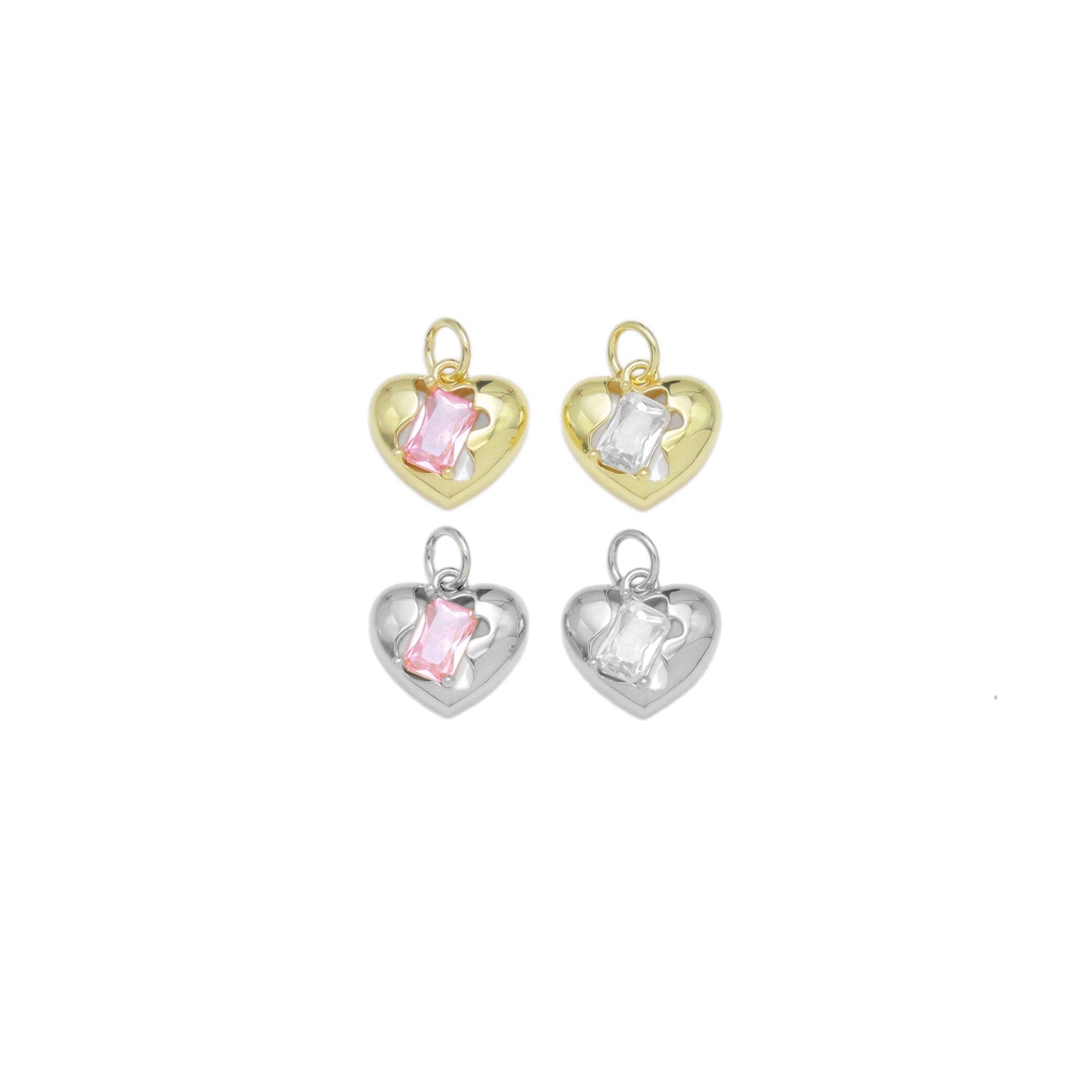 Gold Silver Rectangle Clear Pink CZ Heart Shape Charm, Sku#A165