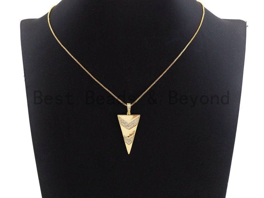 Triangle Shape with Arrow Pave CZ Pendant, CZ Pave Pendant, Gold/Silver/Rose Gold/Gunmetal Pendant, 20x46mm, sku#X102