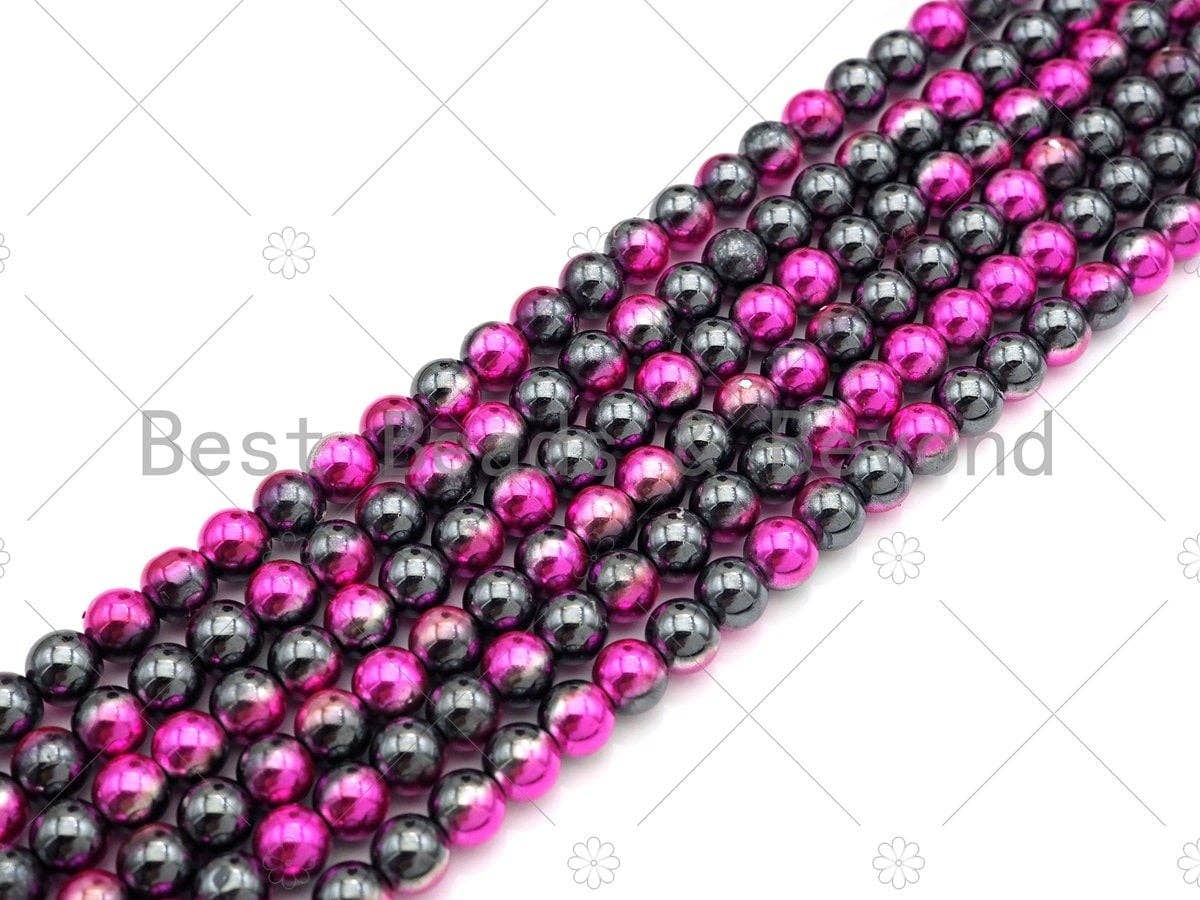 New!!! Half Plated Hot Pink Natural Hematite Beads, 4mm/6mm/8mm Round Smooth Beads,15.5''  Full Strands, Sku#S133