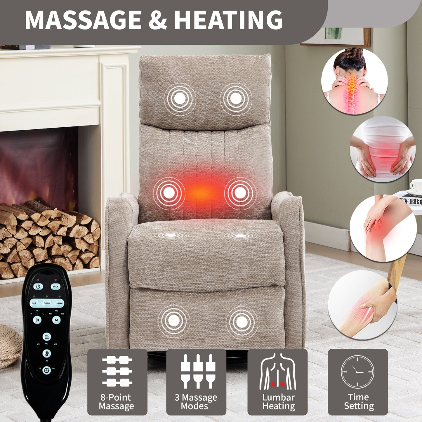Khaki Heat Massage Manual Recliner Chair