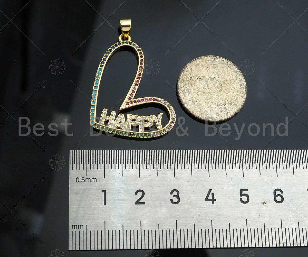Gold Filled Colorful CZ Happy Luck Hope Word On Heart Shape Pendant,18K Gold Filled Heart Charm, Necklace Bracelet Pendant,34x24mm,Sku#LK341