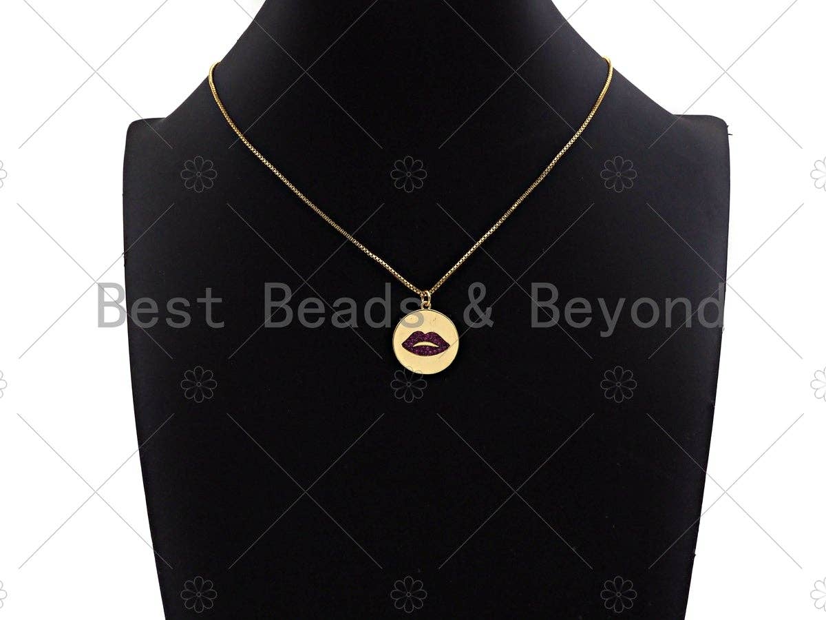CZ Micro Pave Fuchsia Lip On Round Coin Shape Pendant Charm, Cubic Zirconia Lip Charm, Real Gold Plated Charm,20x22mm,Sku#L356
