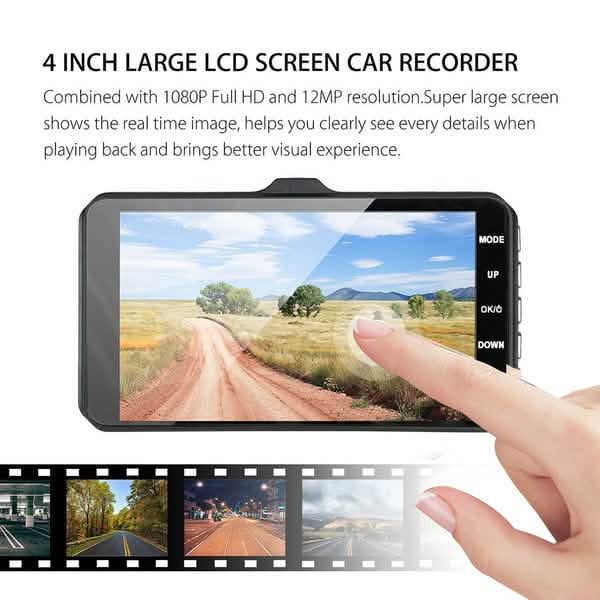 A6T 4インチ 170°広角 フルHD 1080P 車載DVR デュアルレンズ ダッシュカム リアビューカメラ タッチスクリーン付きビデオレコーダー