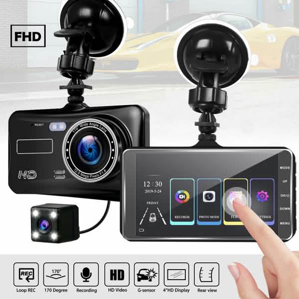 A6T 4インチ 170°広角 フルHD 1080P 車載DVR デュアルレンズ ダッシュカム リアビューカメラ タッチスクリーン付きビデオレコーダー