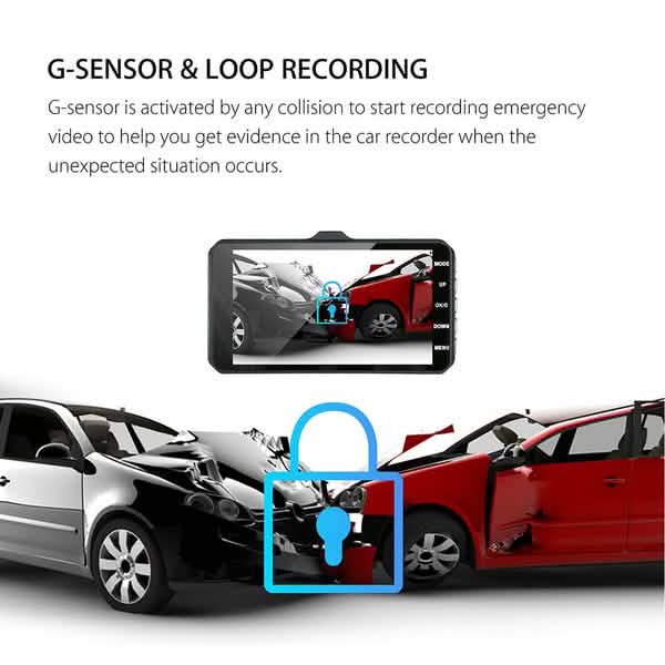 A6T 4インチ 170°広角 フルHD 1080P 車載DVR デュアルレンズ ダッシュカム リアビューカメラ タッチスクリーン付きビデオレコーダー