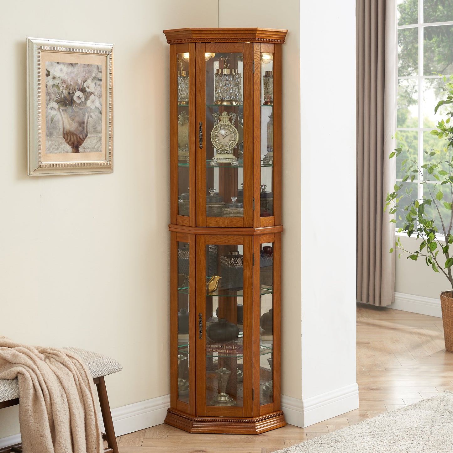 Corner Curio Cabinet with Lights, Adjustable Tempered Glass Shelves, Mirrored Back