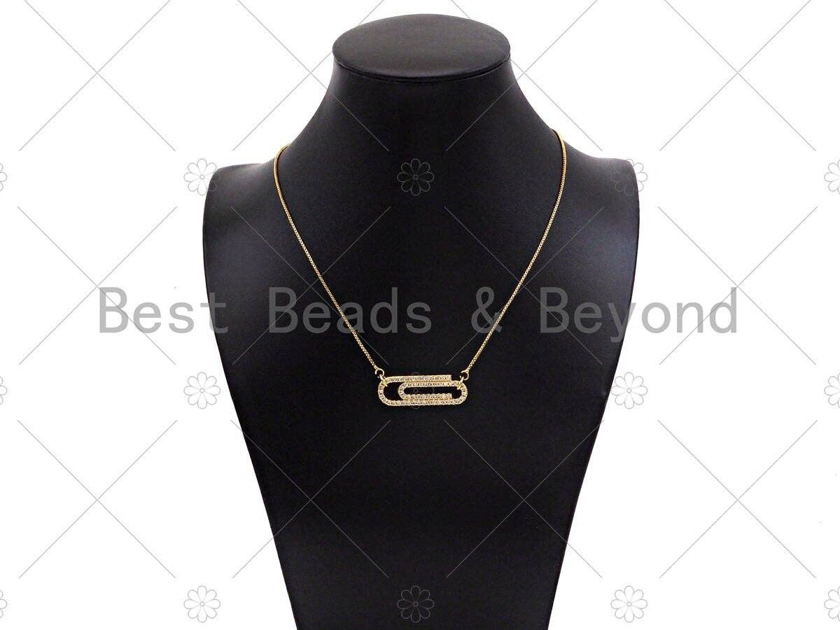 CZ Micro Pave Paper Clip Charm,Cubic Zirconia Silver/Gold Connector, Necklace Bracelet Charm Pendant, 12x35mm, Sku#L553
