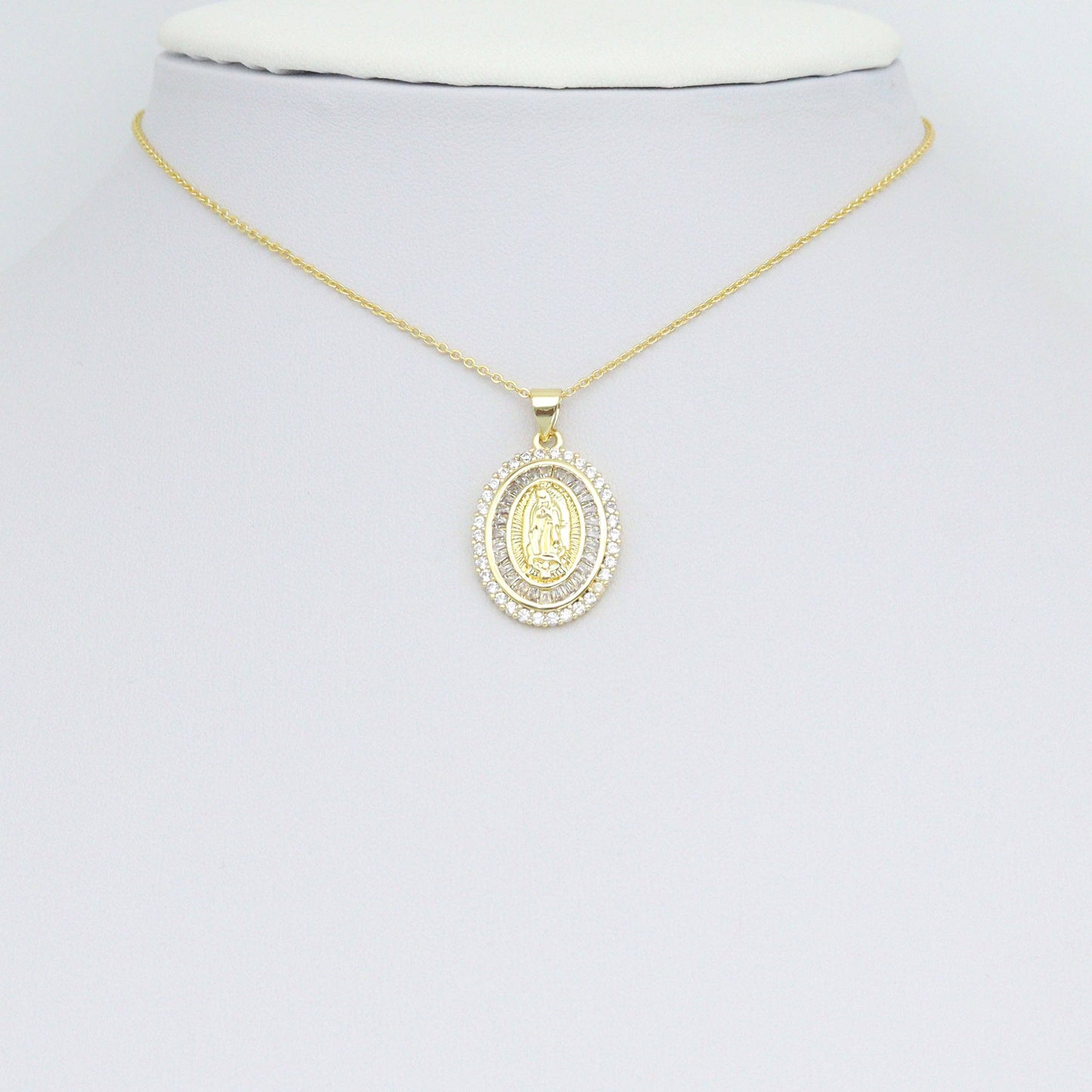 Clear Baguette CZ Gold Virgin Mary On Oval Charm Pendant, Sku#LX776