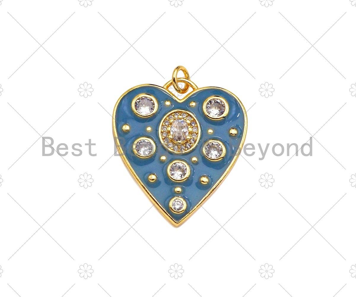 Blue Enamel Heart with Big Clear CZ Pendant,CZ Micro Pave Enamel Charm, Enamel Jewelry, 26x23mm, Sku#LK319
