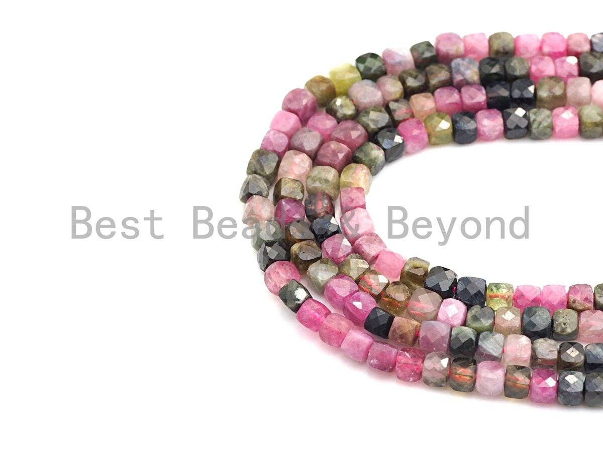 High Quality Natural Tourmaline Beads, 4mm Tourmaline Cube Faceted Beads, 16" Full strands, sku#U767