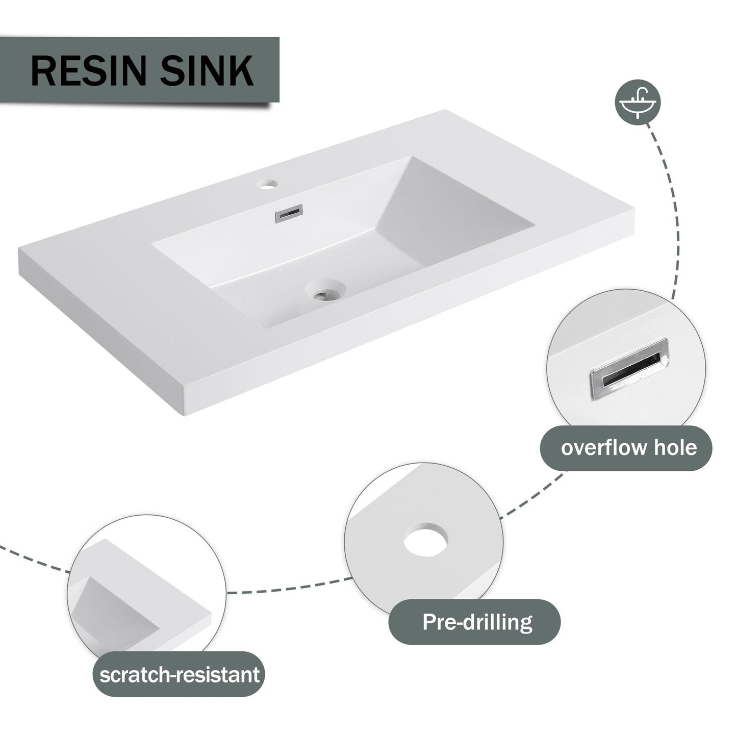 Modern Freestanding Bathroom Vanity With Resin Sink & Soft Close Cabinet Doors