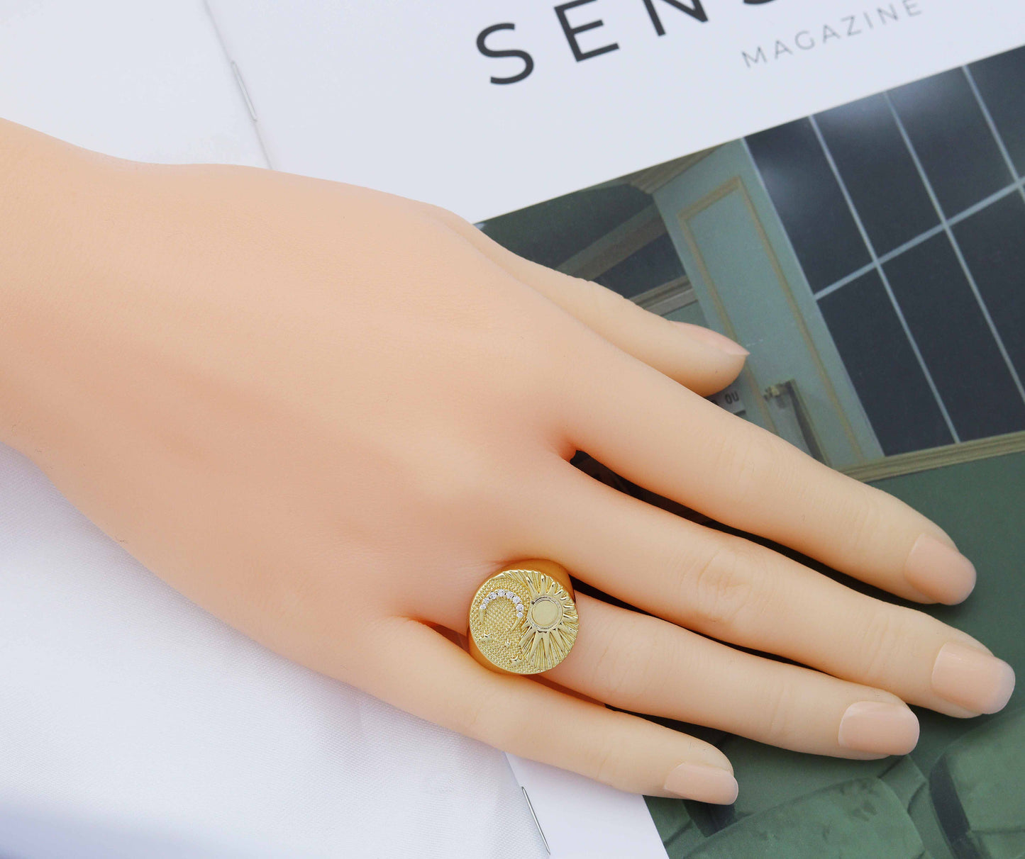 CZ Sun Cresent Moon Signet Ring, Sku#X342