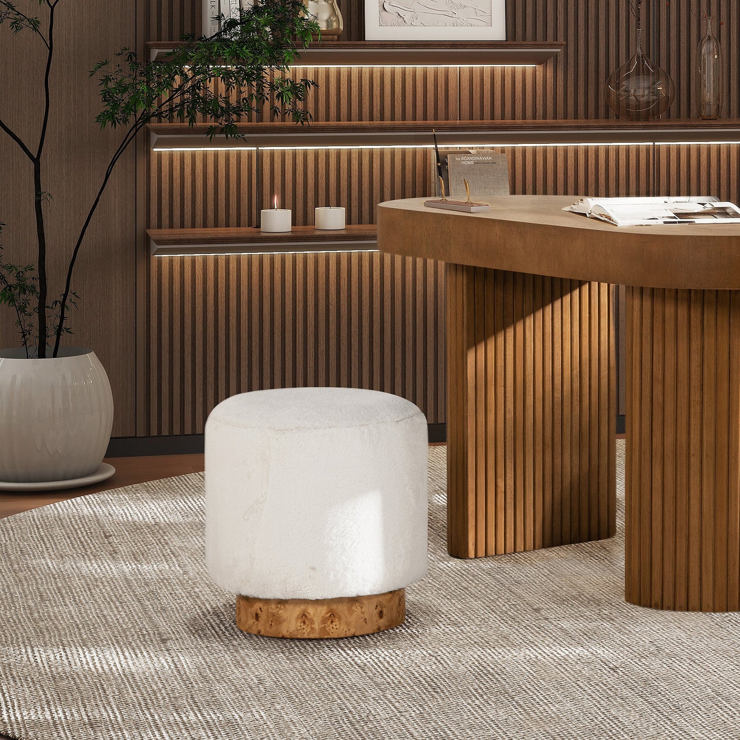 Tilly 16.5" Round Fur Upholstered & Burl Pouf Ottoman