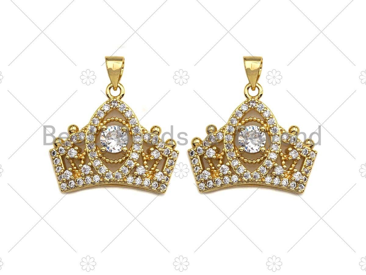 18K Gold Micro CZ Pave Crown Pendant, Gold Crown Charm, Queen Crown Beads, Jewelry Findings, 20x24mm,sku#LK43