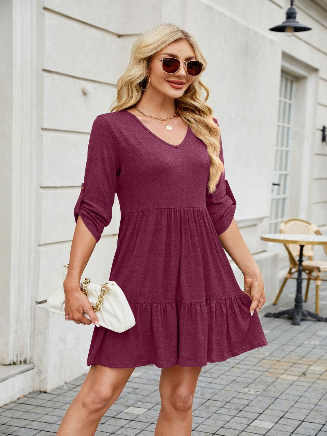 Tiered Ruched V-Neck Mini Dress