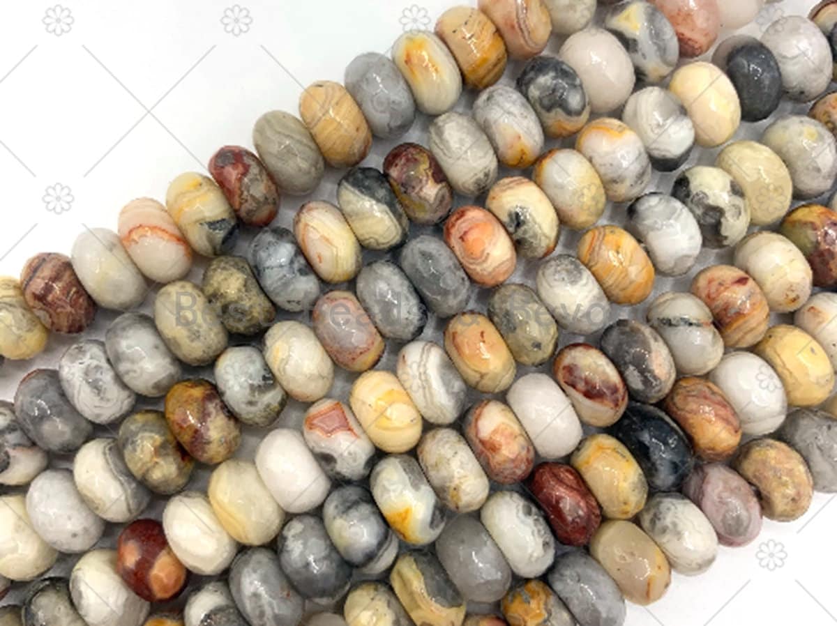 2mm Big Hole Natural Crazy Lace Agate Beads, 6x10mm Rondelle Smooth/Faceted Crazy Lace Agate Beads, Large Hole, 8'' Full Strand, SKU#U1235