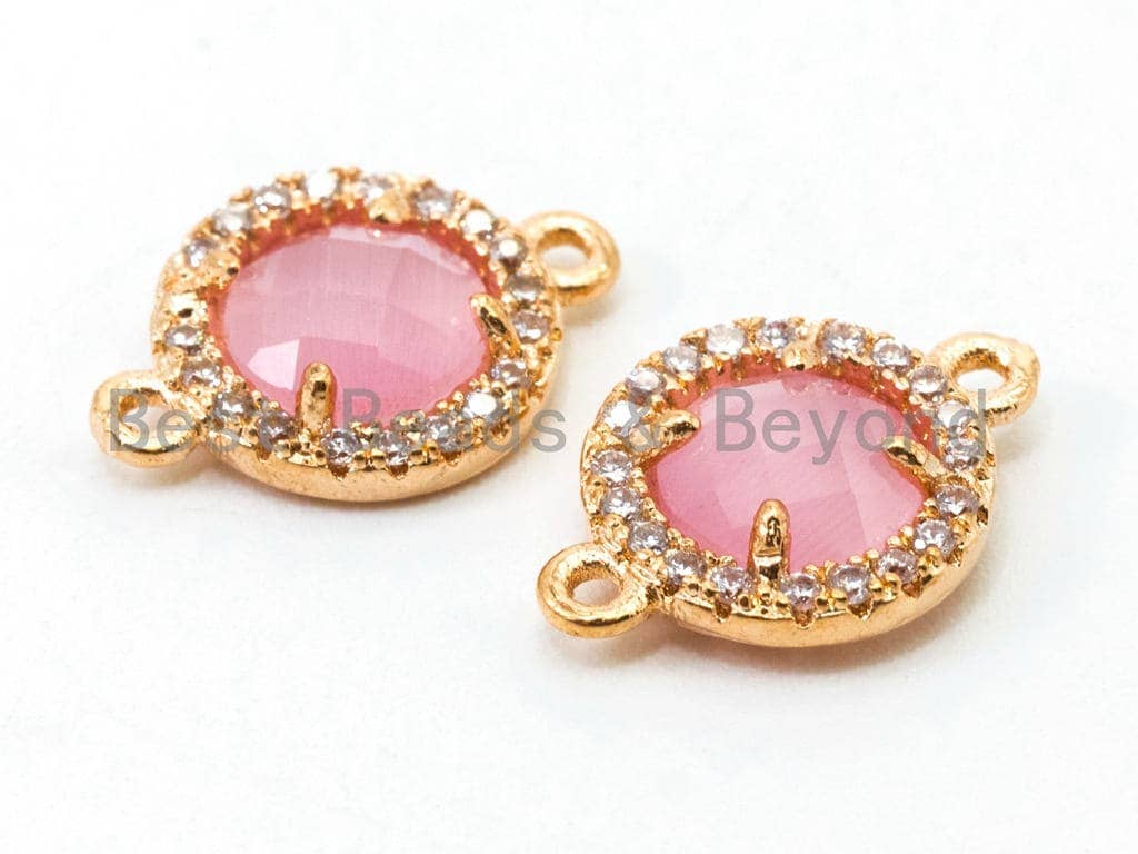 Round Bezel Connector with Faceted Cat's Eye Stone,Peach/Blue/Pink/White/Topaz, 9x13mm,sku#A73
