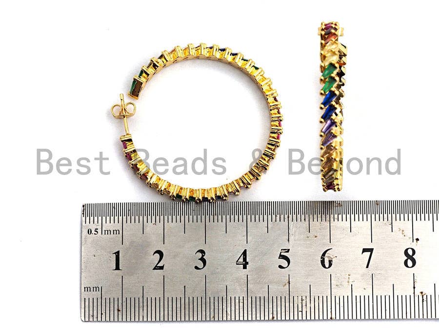 Colorful CZ Micro Pave Rainbow Large Hoop Earring, Gold Hoops earrings, Stud Earrings, Minimal earrings,4x40mm,sku#J127/LD456