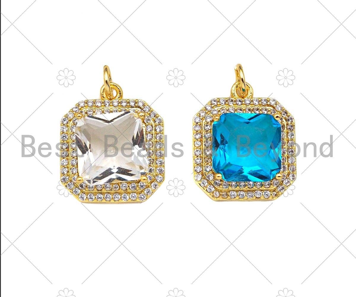 Gold Filled Big CZ Micro Pave Square Shape Pendant,18K Gold Filled Clear/Blue CZ Charm, Necklace Bracelet Charm Pendant,15x18mm,Sku#LK328