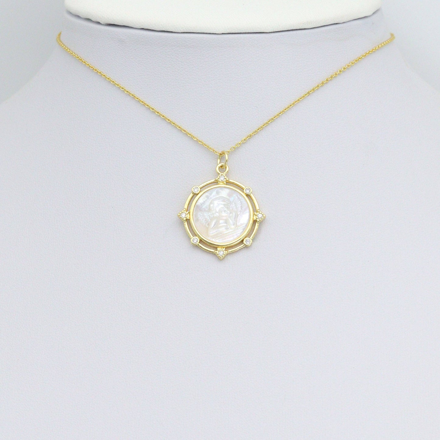 Clear CZ Angel On Round White Pearl Gold Charm Pendant, Sku#LX806