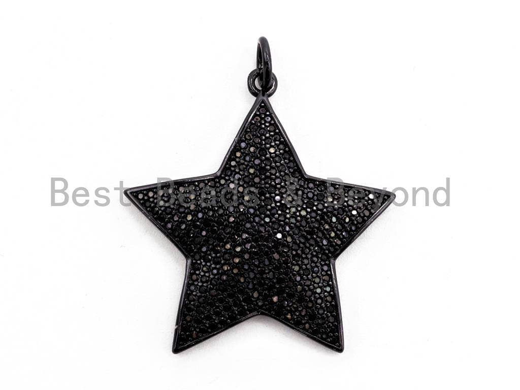 CZ Clear/Black Micro Pave Five Point Star Pendant, Star Shaped Pave Pendant, Gold/Rose Gold/Silver/Gunmetal plated, 32x33mm, Sku#F401