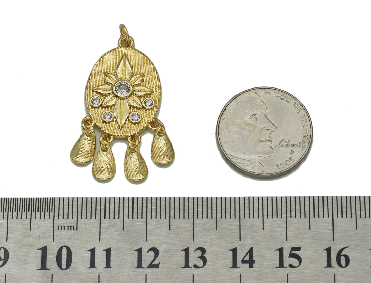 Gold CZ Flower On Oval With Teardrop Charm, Sku#JL124