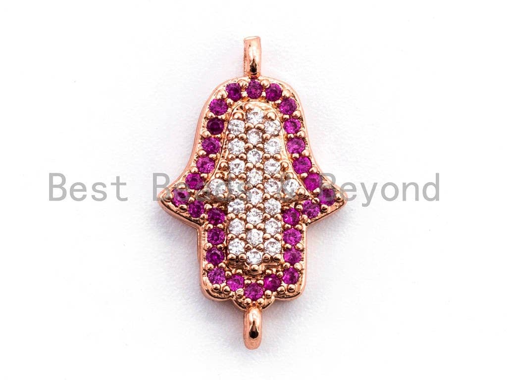CZ Micro Pave Fuchsia Hamsa Hand Connector, Cubic Zirconia Space Connector in Gold Rose Gold,Silver,Black Color, 11x18mm, sku#A56
