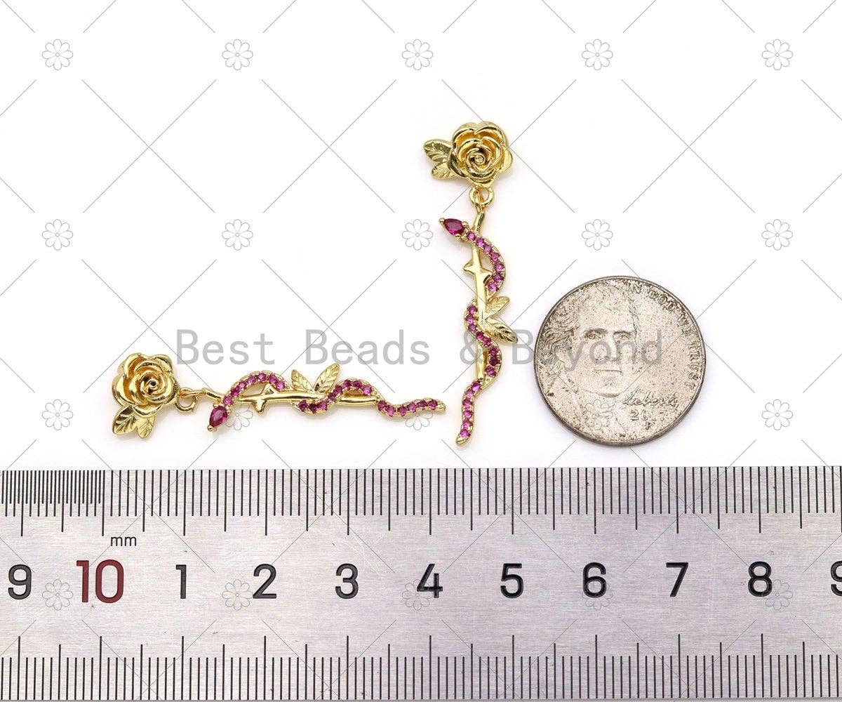 Fuchsia CZ Micro Pave Snake On Rose Flower Shape Pendant, 18K Gold Filled Snake Charm, Necklace Bracelet Charm Pendant,Sku#LK508