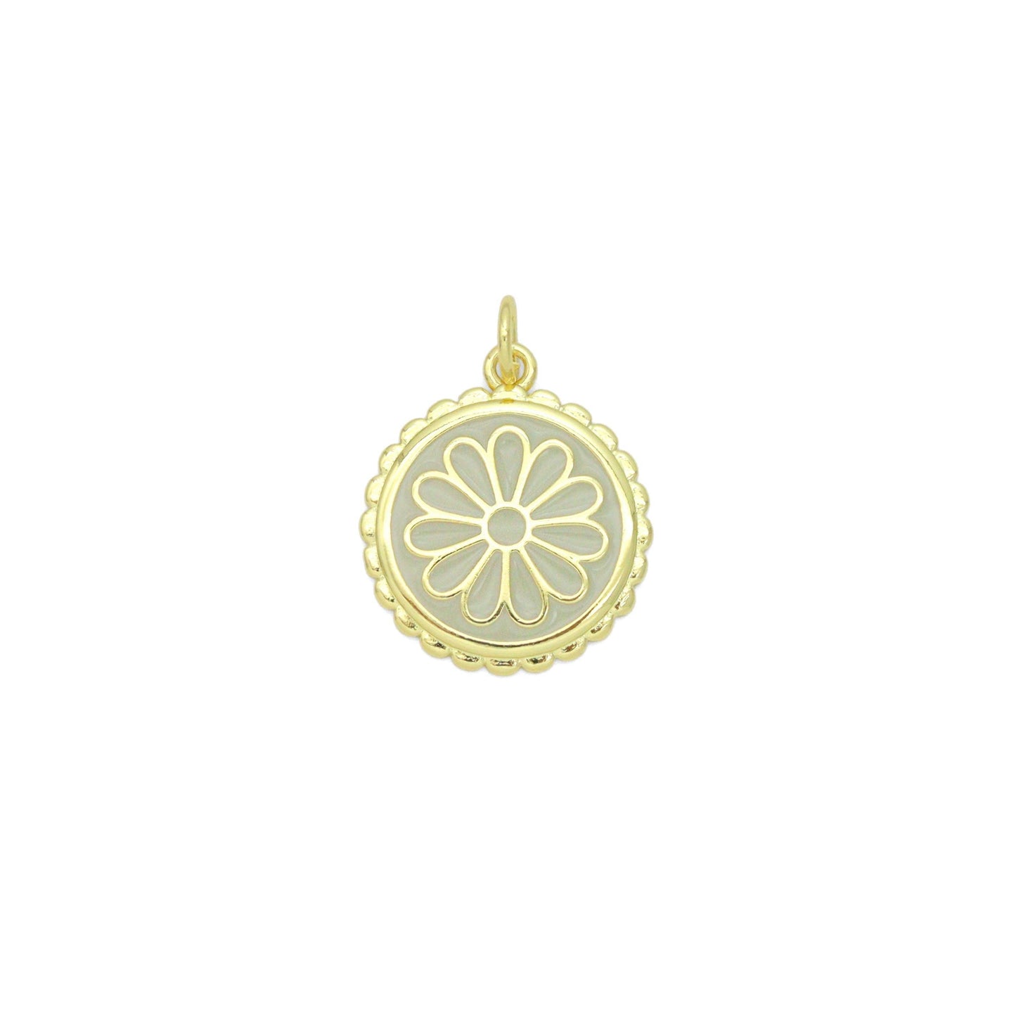 White Enamel Flower On Round Gold Charm Pendant, Sku#LX802