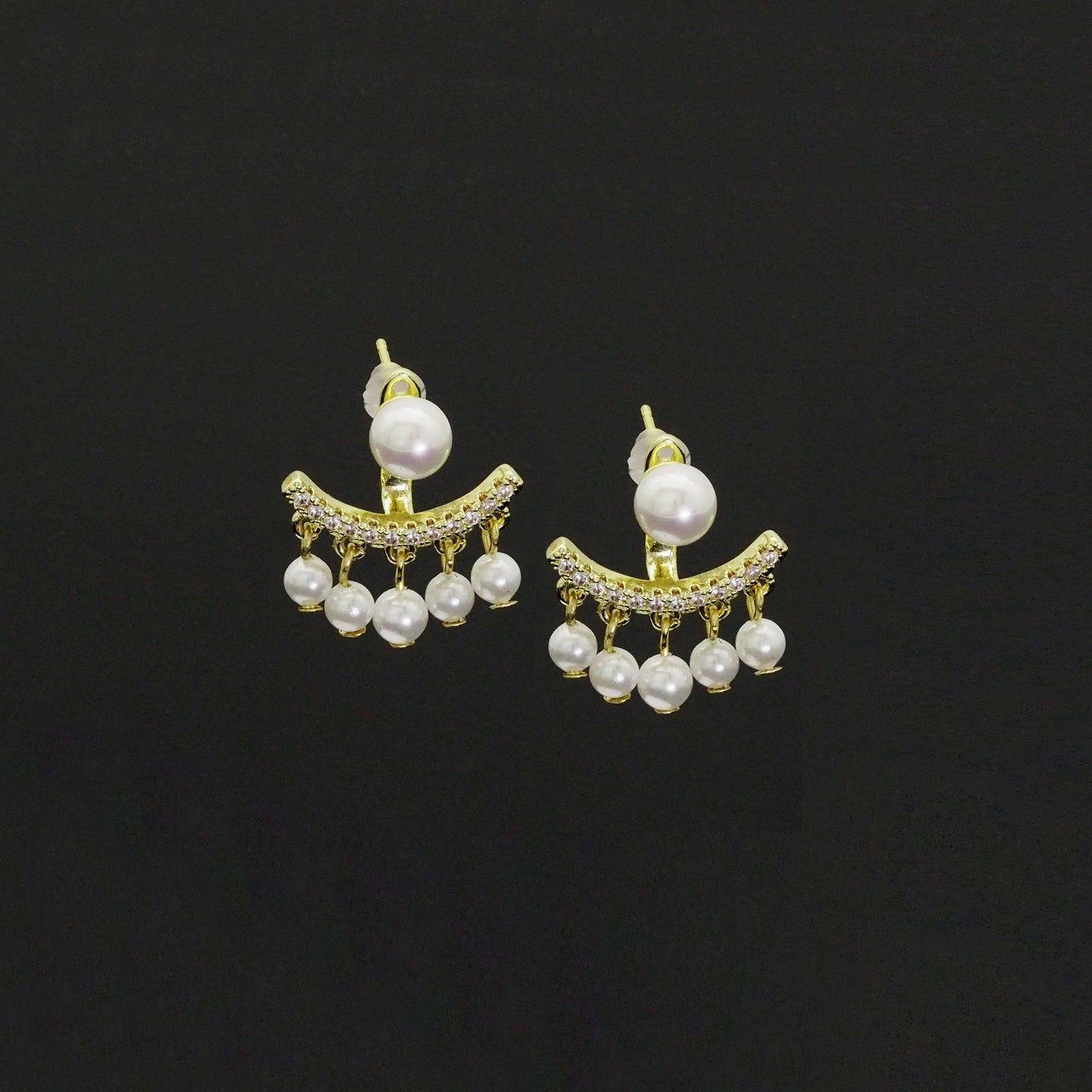Clear CZ Gold White Pearl Dangle Earrings, Sku#LX427
