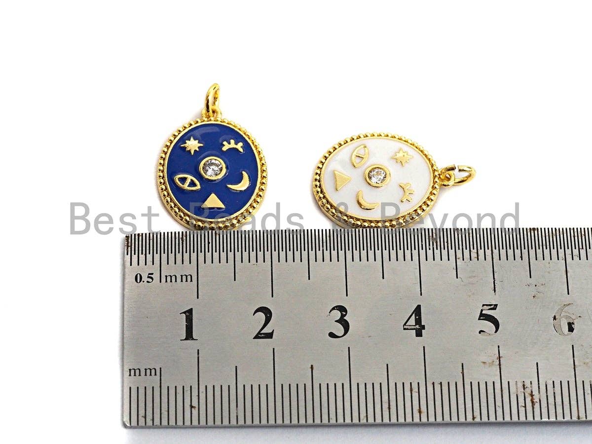 CZ Pave White Cobalt Enamel Star Moon on Round Pendant,Ename