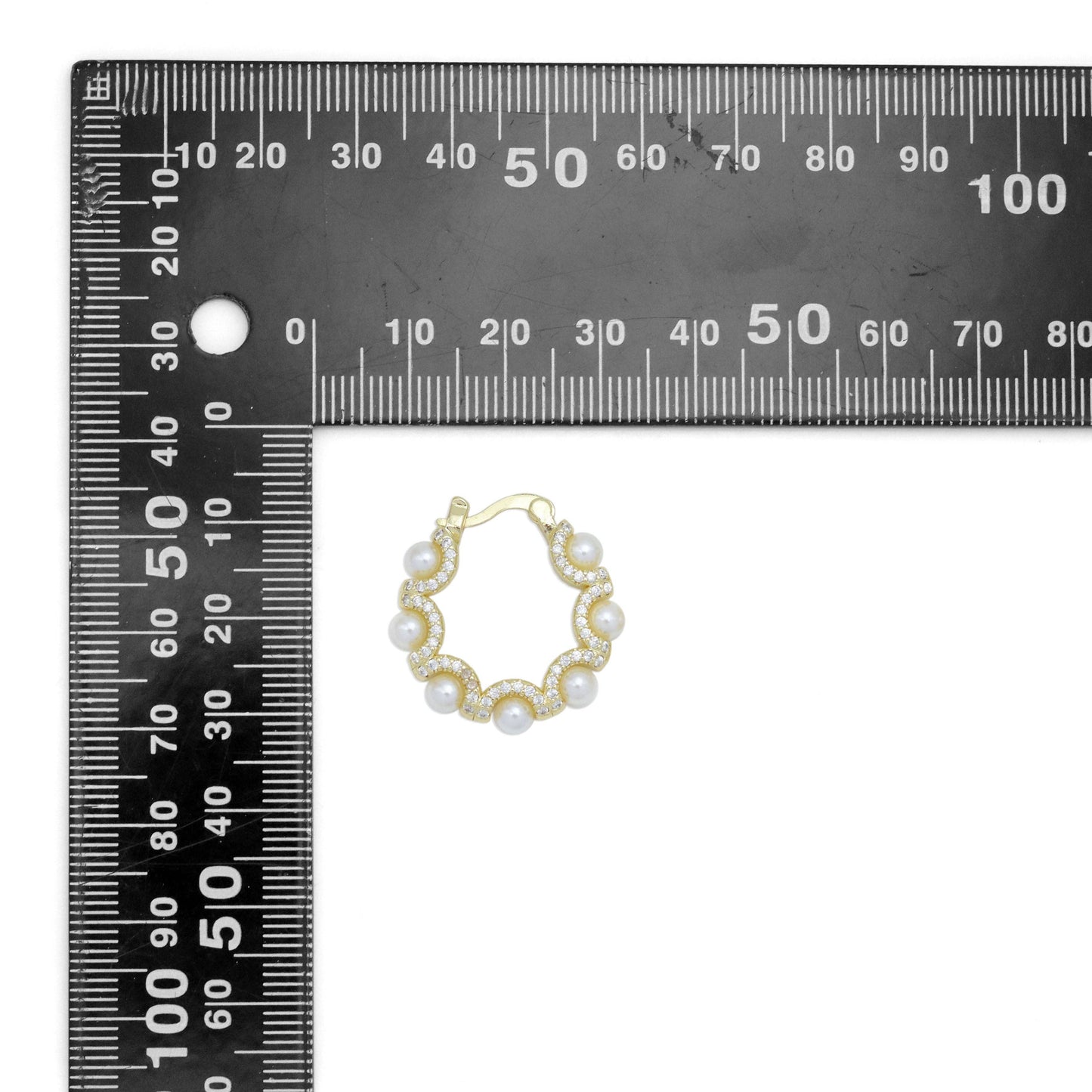 Clear CZ Gold wave line Pearl Hoop Earrings, Sku#LK1009