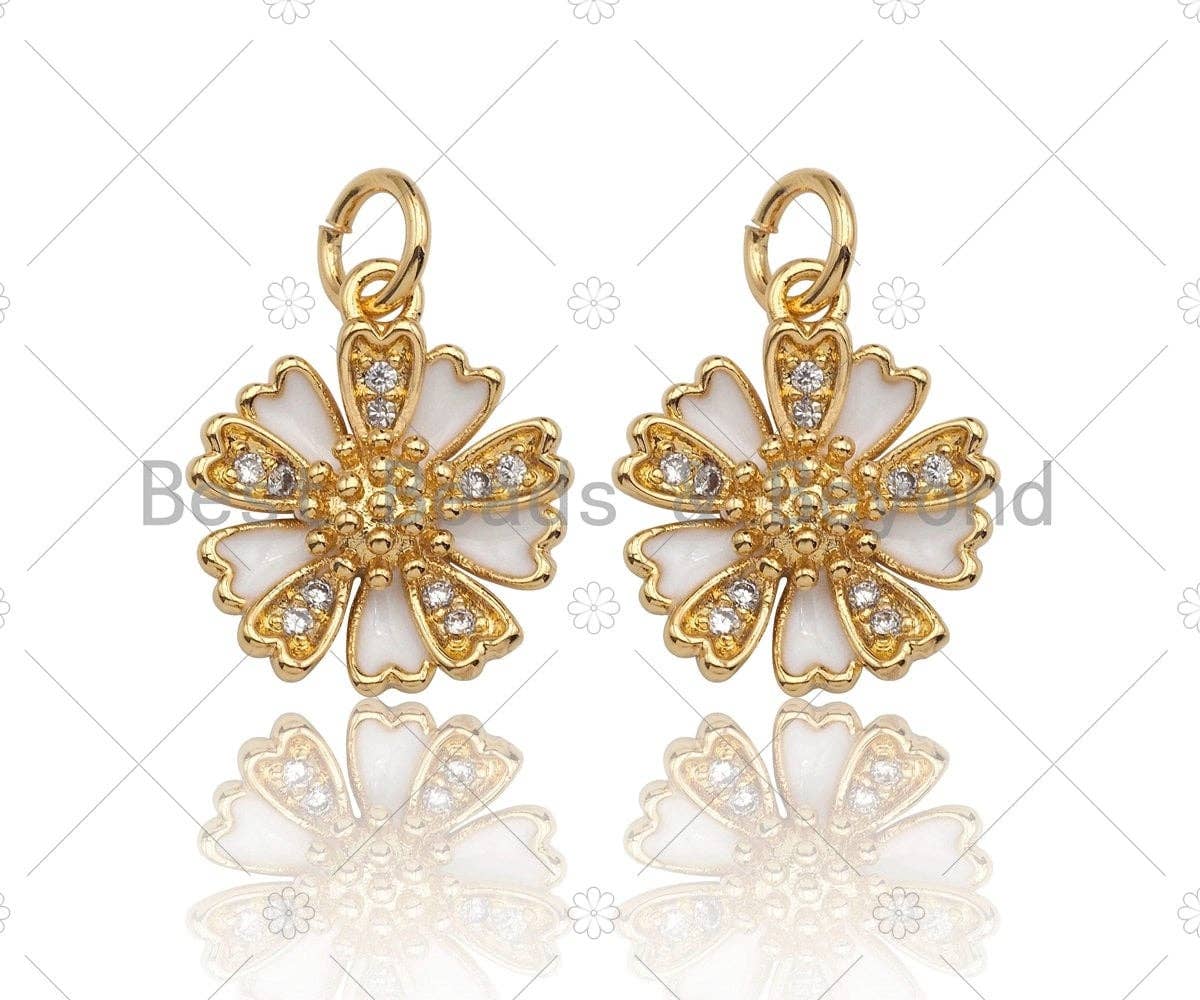 CZ Micro Pave White Enamel Daisy Flower Charm, 18K Gold Filled Flower Charm, Necklace Bracelet Charm Pendant, 13mm, Sku# Y268
