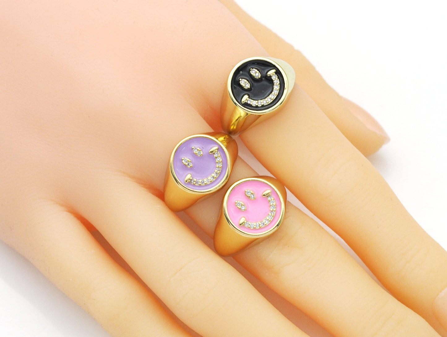 CZ Pave Enamel Smiley Face Ring, Sku#X363